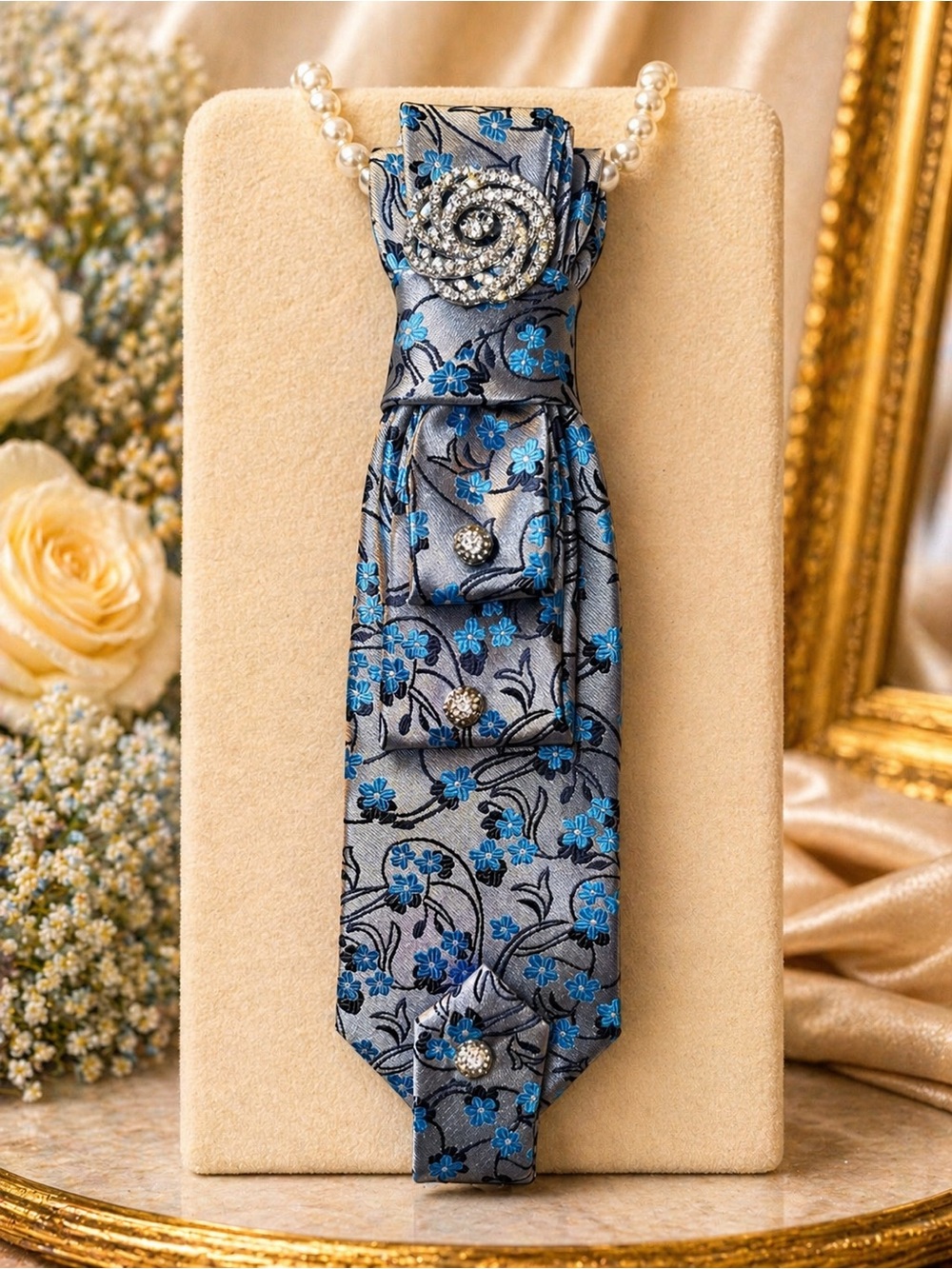 Blue and Gray Floral Silk Necktie Necklace with Silver Rhinestone Brooch